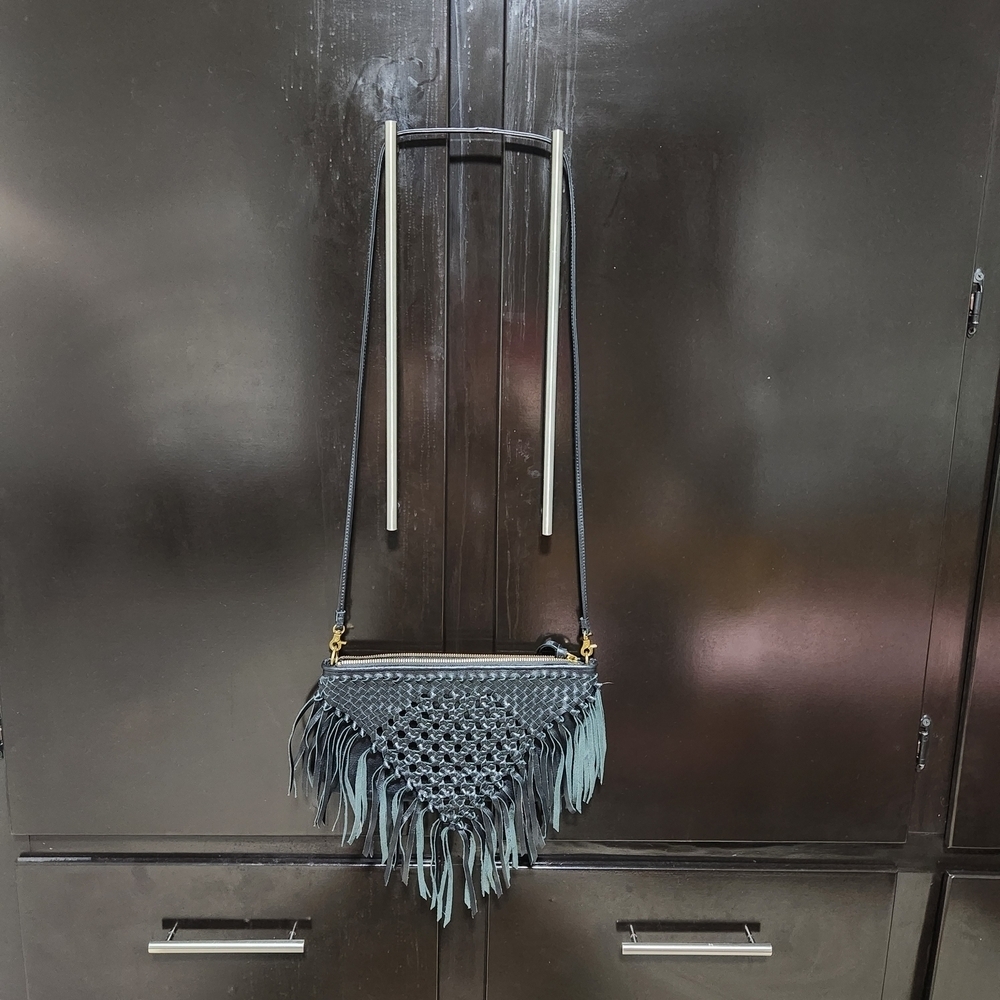 The Sak Filmore Leather 3 in 1 Black Clutch Shoulder Crossbody Woven With Fringe - Picture 3 of 13